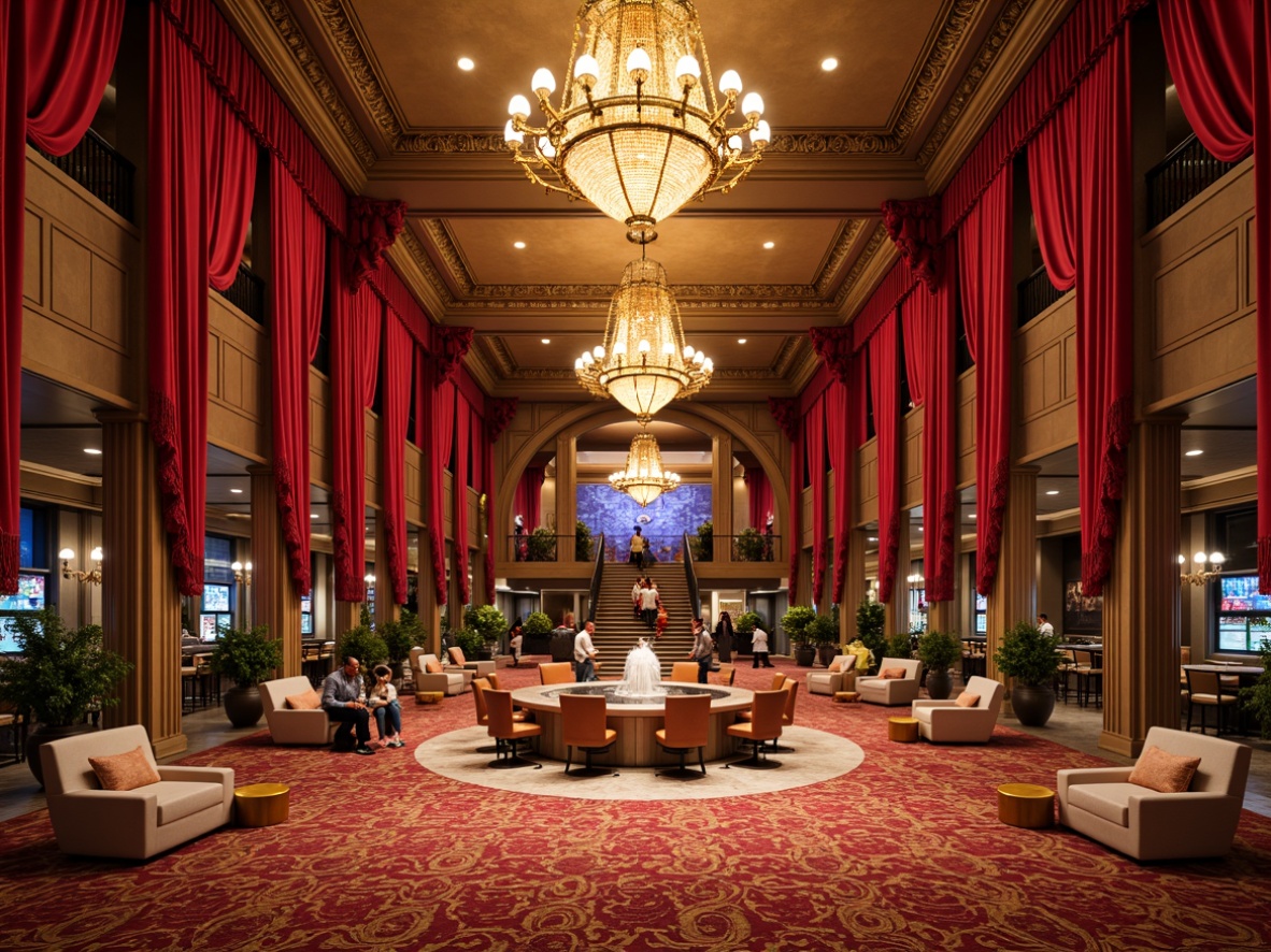 Prompt: Luxurious casino interior, rich velvet drapes, ornate golden chandeliers, intricately patterned carpets, lavish fountains, grand staircases, marble floors, neoclassical columns, high ceilings, opulent furnishings, vibrant red accents, soft warm lighting, shallow depth of field, 1/1 composition, realistic textures, ambient occlusion.