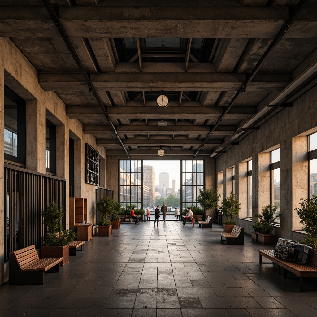 Prompt: Rugged brutalist train station interior, exposed concrete walls, industrial steel beams, wooden benches, vintage luggage racks, retro-style clock towers, dimmed warm lighting, soft diffused shadows, ambient reverberation, acoustic panels, sound-absorbing materials, geometric patterned tiles, minimalist decoration, urban cityscape views, morning rush hour atmosphere, shallow depth of field, 1/1 composition, realistic textures, subtle camera movements.