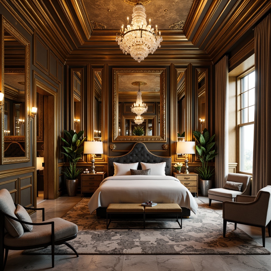 Prompt: Luxurious bedroom, opulent furnishings, metallic accents, geometric patterns, ornate mirrors, lavish textiles, velvet drapes, crystal chandeliers, polished marble floors, intricate moldings, glamorous Hollywood Regency style, warm golden lighting, shallow depth of field, 1/2 composition, dramatic shadows, high-contrast rendering, realistic reflections.