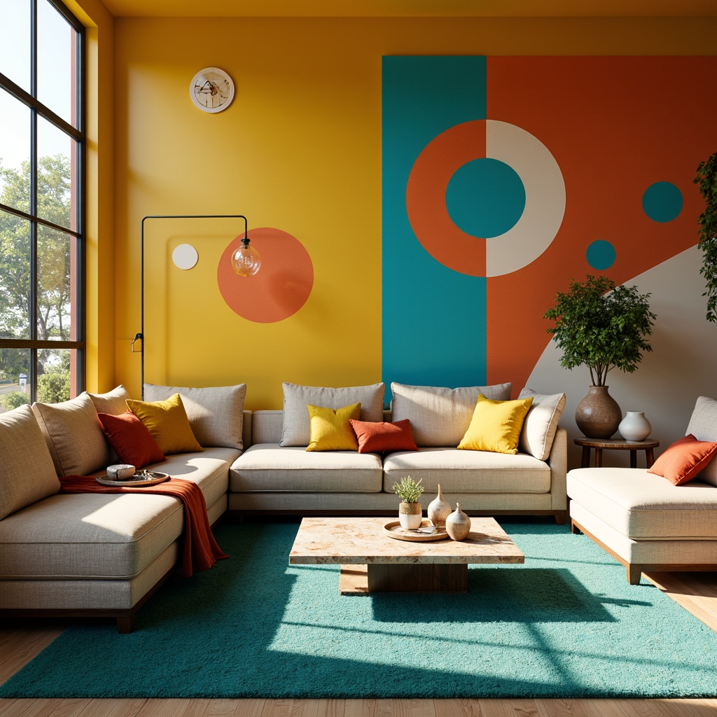 Prompt: Vibrant living room, bold modern furniture, bright accent walls, warm beige couches, plush throw pillows, rich turquoise rugs, sleek chrome lamp fixtures, abstract geometric patterns, natural stone coffee tables, floor-to-ceiling windows, sun-drenched atmosphere, softbox lighting, 1/2 composition, cinematic color grading, realistic textures, ambient occlusion.