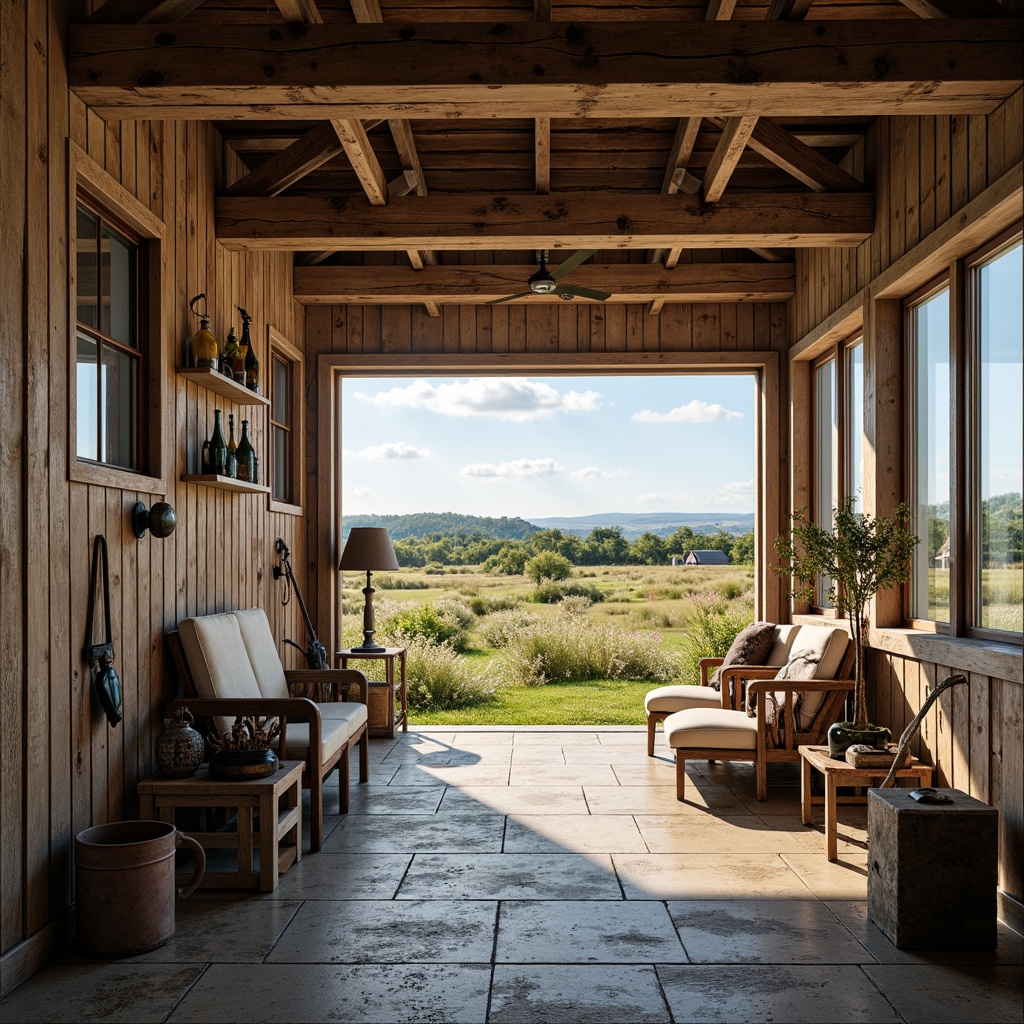 Prompt: Rustic farmhouse airport, weathered wooden walls, distressed metal accents, vintage farm tools, reclaimed wood furniture, earthy color palette, natural stone flooring, exposed beam ceiling, large windows, soft warm lighting, shallow depth of field, 3/4 composition, panoramic view, realistic textures, ambient occlusion, rural landscape, rolling hills, open fields, wildflowers, clear blue sky.