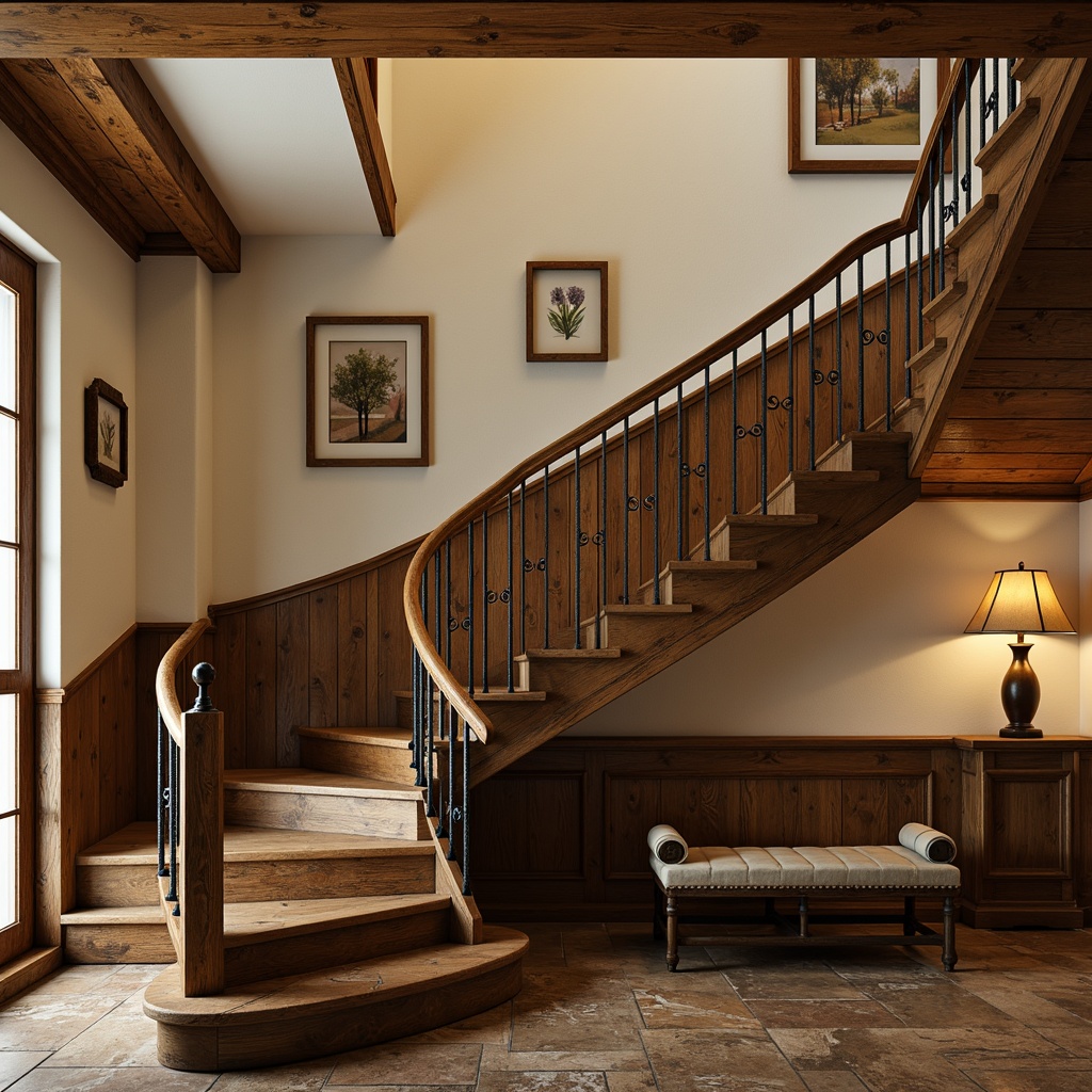 Prompt: Rustic wooden railing, ornate ironwork, curved banisters, distressed finishes, soft golden lighting, warm beige tones, classic French country style staircase, elegant scrollwork, decorative newel posts, rich walnut wood, worn stone floors, vintage-inspired hardware, charming countryside ambiance, natural textures, earthy color palette, harmonious proportions, 2/3 composition, intimate atmosphere, soft focus effect.