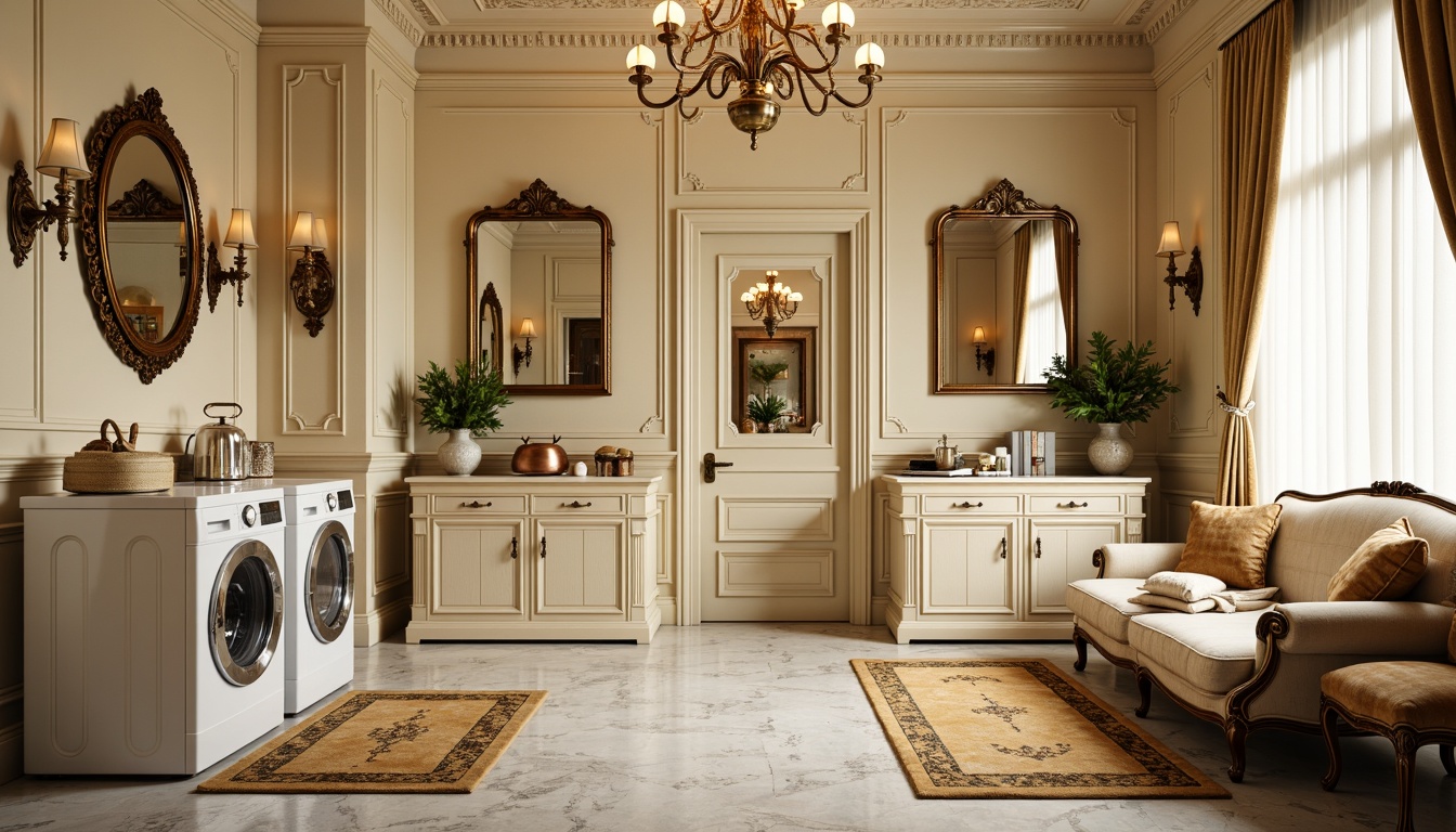 Prompt: Ornate laundry room, golden accents, soft cream walls, delicate furnishings, curved wooden cabinets, intricately carved legs, plush area rugs, velvet upholstery, ornamental mirrors, gilded frames, lavish chandeliers, warm ambient lighting, shallow depth of field, 1/1 composition, realistic textures, ambient occlusion, French-inspired decorative motifs.