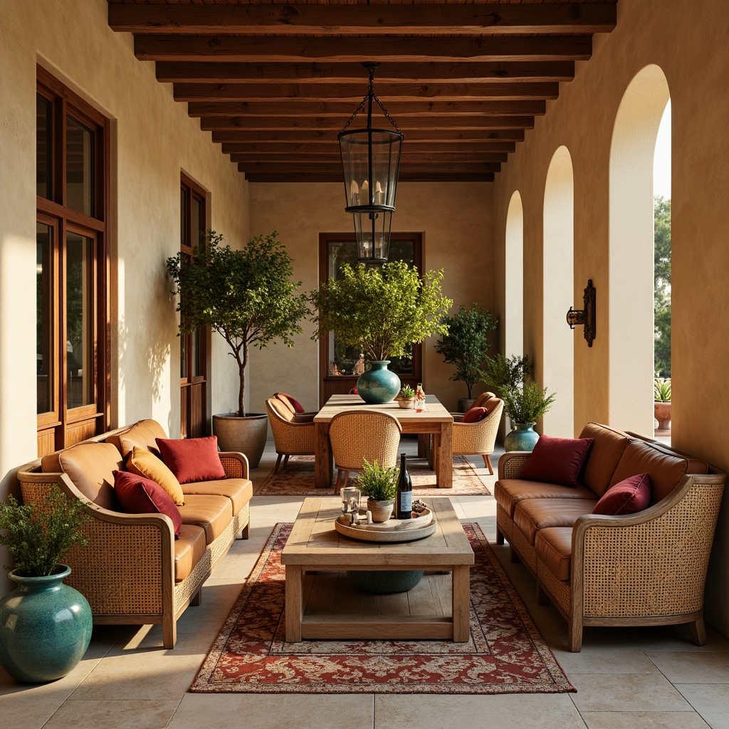 Prompt: Warm beige walls, rustic wooden accents, natural stone floors, distressed leather furniture, woven rattan chairs, plush velvet sofas, ornate metal lanterns, Mediterranean-inspired patterns, turquoise glass vases, potted olive trees, soft warm lighting, shallow depth of field, 3/4 composition, realistic textures, ambient occlusion.