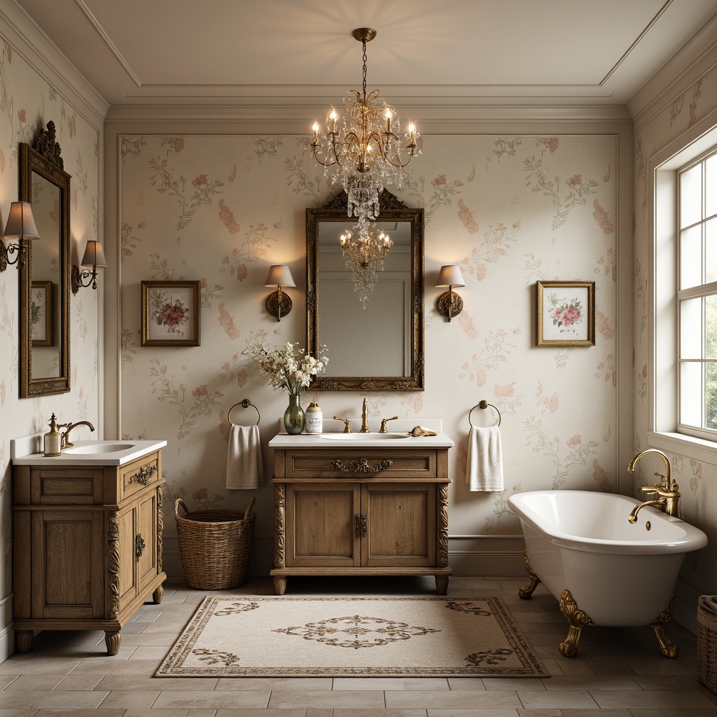 Prompt: Rustic wooden vanity, ornate gold hardware, soft cream marble countertops, distressed finishes, floral patterned wallpaper, elegant sconce lighting, crystal chandelier, freestanding tub, decorative floor tiles, plush area rugs, French country-inspired decor, warm beige tones, natural stone accents, subtle texture variations, 1/1 composition, dramatic overhead lighting, realistic reflection rendering.