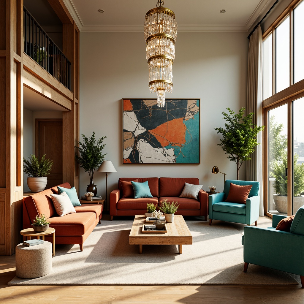 Prompt: Vibrant living room, warm beige walls, rich walnut wood furniture, plush velvet sofas, bold turquoise accents, golden metal lighting fixtures, soft cream-colored carpets, elegant crystal chandeliers, modern abstract artwork, statement decorative pieces, eclectic mix of patterns and textures, natural light pouring in through large windows, bright sunny day, shallow depth of field, 1/1 composition, warm atmospheric glow.