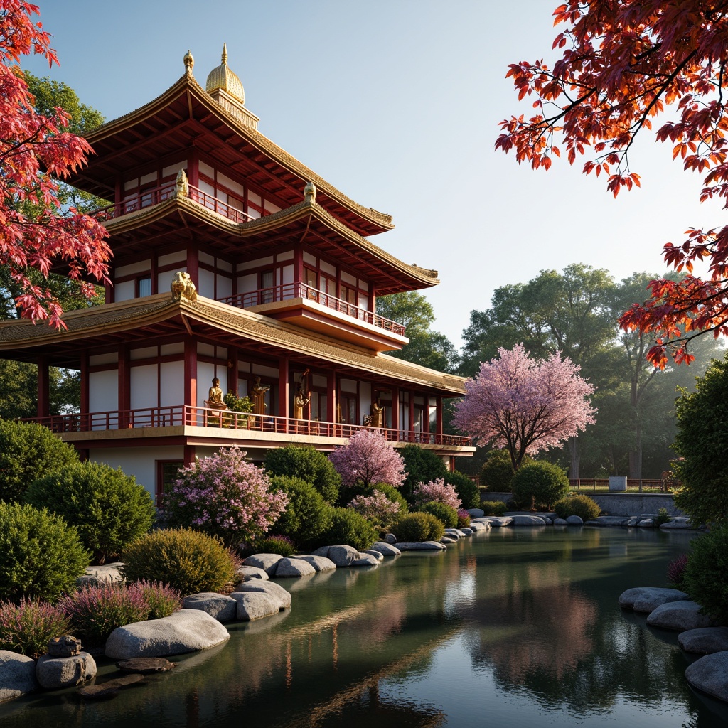 Prompt: Vibrant pagoda architecture, intricate wood carvings, golden Buddha statues, vermilion red accents, jade greenery, delicate cherry blossoms, soft silk fabrics, subtle washi paper textures, natural bamboo structures, serene Japanese gardens, tranquil koi ponds, misty morning lighting, warm lantern glow, 1/1 composition, realistic foliage rendering.