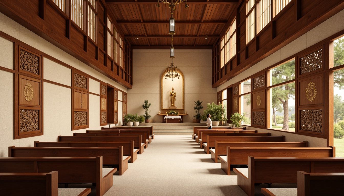 Prompt: Serene Asian-style church interior, intricately carved wooden panels, warm beige stone walls, subtle golden accents, ornate lanterns, soft diffused lighting, intimate worship space, comfortable cushioned pews, acoustic panels with traditional Asian motifs, natural fabrics, woven bamboo textures, minimalist decor, peaceful ambiance, shallow depth of field, 1/2 composition, warm color palette, realistic wood grain, ambient occlusion.