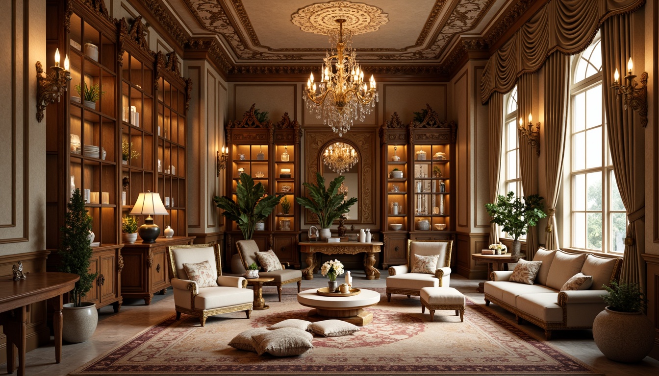 Prompt: Elegant storage rooms, ornate wooden cabinets, intricately carved details, soft golden lighting, luxurious velvet fabrics, rich jewel-toned colors, delicate lace patterns, subtle sheen textures, French-inspired furniture, curved lines, ornamental mirrors, lavish crystal chandeliers, opulent drapery, lavish silk upholstery, majestic crown molding, refined marble flooring, warm beige walls, sophisticated Rococo accents, exquisite antique pieces, vintage accessories.