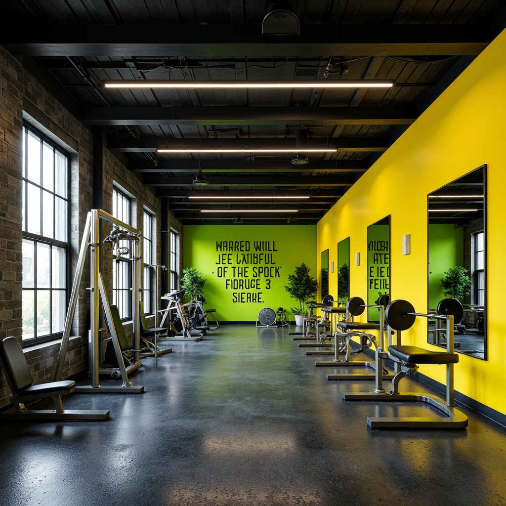 Prompt: Vibrant home gym, industrial-chic aesthetic, bold color scheme, dark grey rubber flooring, metallic silver equipment, neon green accents, energetic yellow walls, motivational quotes, modern minimalist lighting, sleek black mirrors, state-of-the-art fitness machines, natural wood tones, abstract geometric patterns, high-contrast photography, dramatic shadows, 1/1 composition, intense warm lighting.