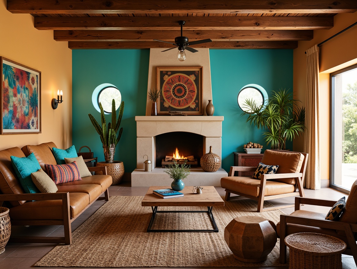 Prompt: \Cozy Southwestern living room, vibrant turquoise accents, rustic wooden furniture, plush earth-toned sofas, woven jute rugs, natural stone fireplace, woven basket coffee tables, distressed leather armchairs, colorful Aztec-inspired throw pillows, geometric patterned blankets, warm golden lighting, shallow depth of field, 1/1 composition, soft focus, realistic textures, ambient occlusion.\