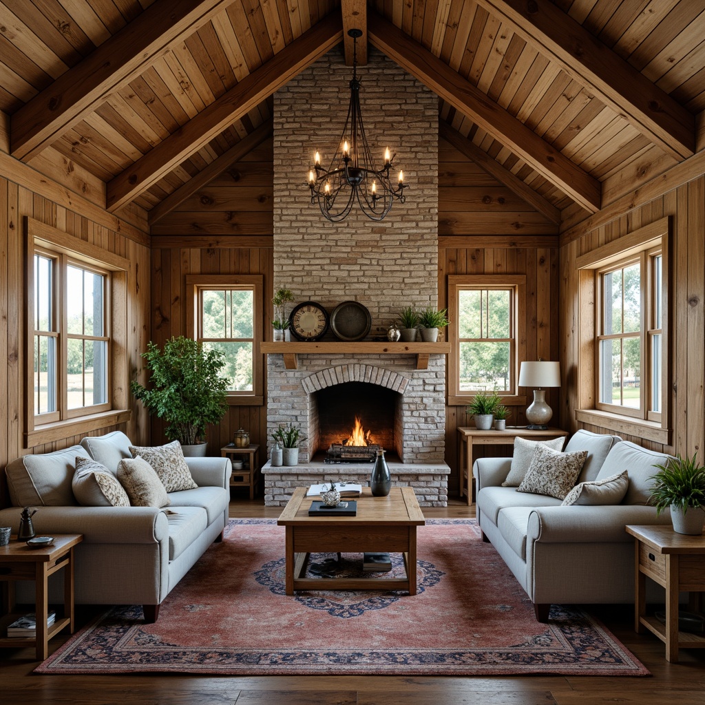 Prompt: Rustic farmhouse interior, reclaimed wood accents, distressed wooden beams, vintage metal decor, earthy color palette, natural stone walls, brick fireplace, plush area rugs, comfortable sofas, vintage furniture pieces, decorative antique items, soft warm lighting, shallow depth of field, 3/4 composition, cozy atmosphere, realistic textures, ambient occlusion.