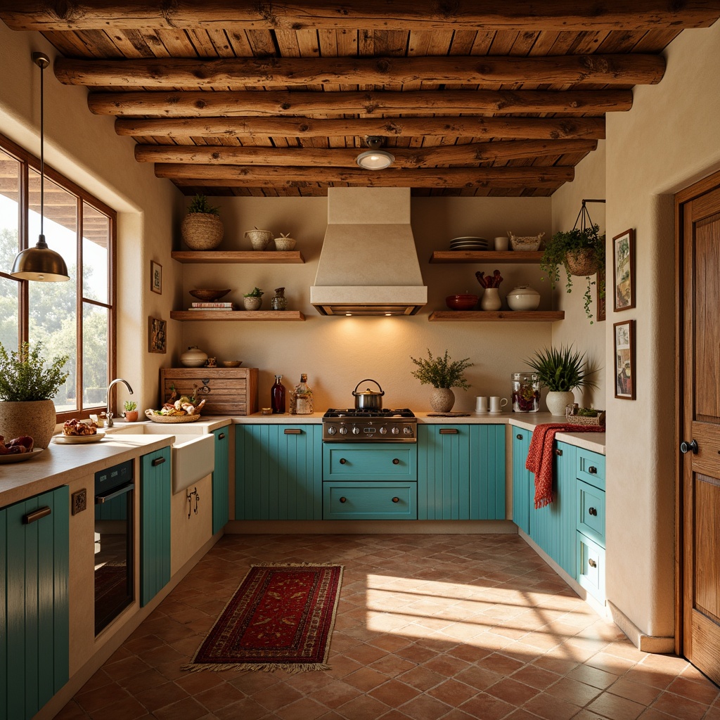 Prompt: Southwestern-style kitchen, warm earthy tones, terracotta floors, sandy beige cabinets, turquoise accents, vibrant red chili peppers, distressed wood textures, rustic metal hardware, woven textiles, natural stone countertops, pendant lighting, soft warm glow, shallow depth of field, 3/4 composition, realistic rendering, ambient occlusion.