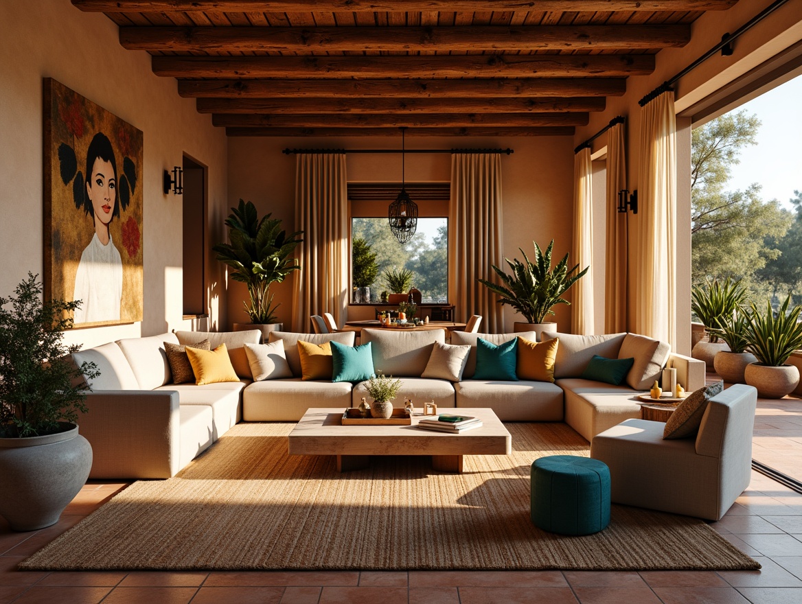 Prompt: Southwestern living room, warm earthy tones, terracotta floors, rustic wooden beams, vibrant turquoise accents, plush woven textiles, desert botanicals, soft warm glow, table lamps, floor lamps, pendant lights, candles, lanterns, natural light pouring in, large windows, sliding glass doors, sunny afternoon, dramatic shadows, high contrast lighting, 1/2 composition, intimate ambiance, cozy seating areas, ambient occlusion.