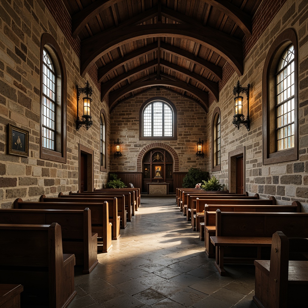 Prompt: Rustic church interior, textured stone walls, distressed wooden accents, vintage metal lanterns, ornate Gothic arches, stained glass windows, dim warm lighting, worn flagstone floors, faded frescoes, aged brick columns, weathered wooden pews, intricate carvings, mysterious ambiance, cinematic composition, shallow depth of field, 1/2 camera angle, naturalistic rendering.