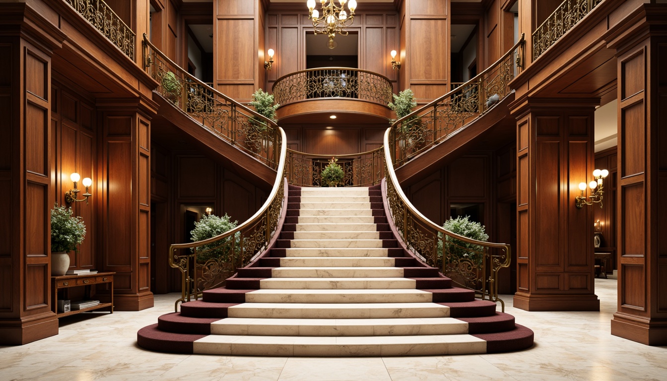 Prompt: Elegant staircase, rich wood tones, ornate carvings, luxurious velvet upholstery, polished bronze handrails, cream-colored marble steps, intricate ironwork balusters, soft warm lighting, dramatic high ceiling, grand foyer setting, classical architectural style, sophisticated color palette, refined textures, shallow depth of field, 1/1 composition, realistic rendering.