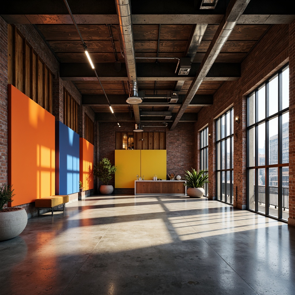 Prompt: Industrial-style garage, exposed brick walls, metallic accents, polished concrete floors, bold color scheme, contrasting hues, rich wood tones, warm beige, deep blues, vibrant oranges, energetic yellows, soft grays, natural stone textures, modern lighting fixtures, sleek metal beams, urban loft atmosphere, atmospheric shadows, dramatic spotlights, 1/1 composition, realistic reflections, ambient occlusion.