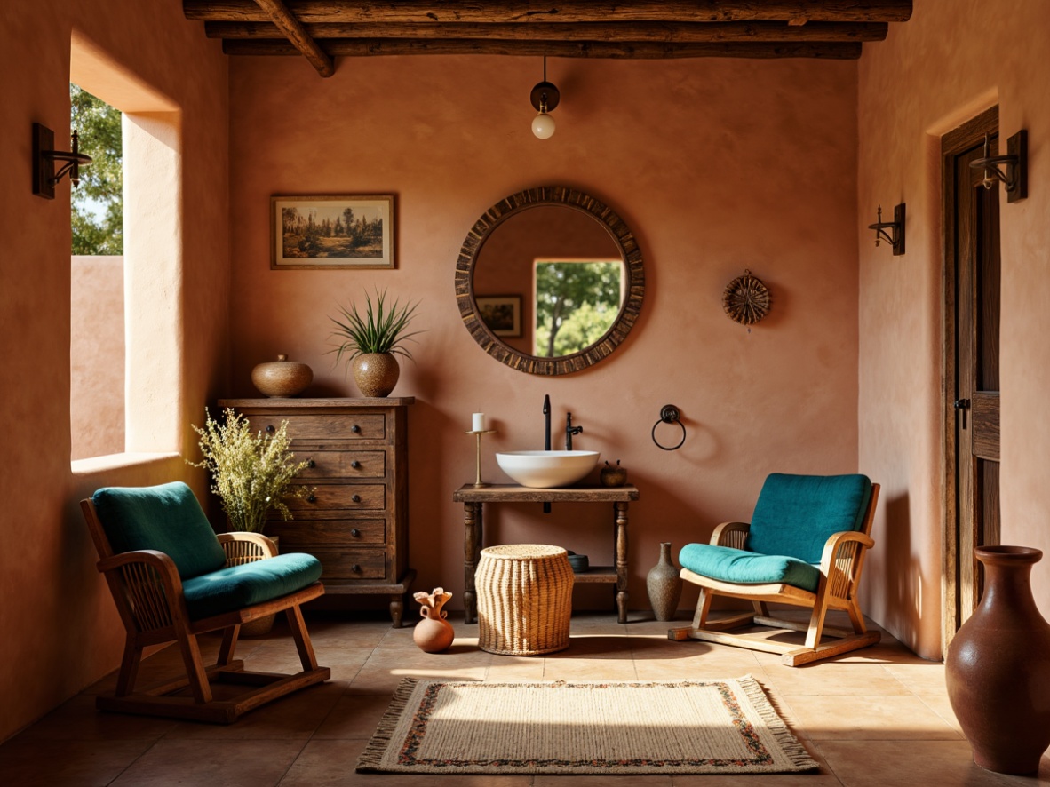 Prompt: Southwestern powder room, warm earthy tones, rustic wooden furniture, woven rattan chairs, plush turquoise upholstery, natural fiber rugs, terracotta pottery vases, distressed wood accents, vintage Native American patterns, warm golden lighting, soft focus, 1/1 composition, shallow depth of field, realistic textures.