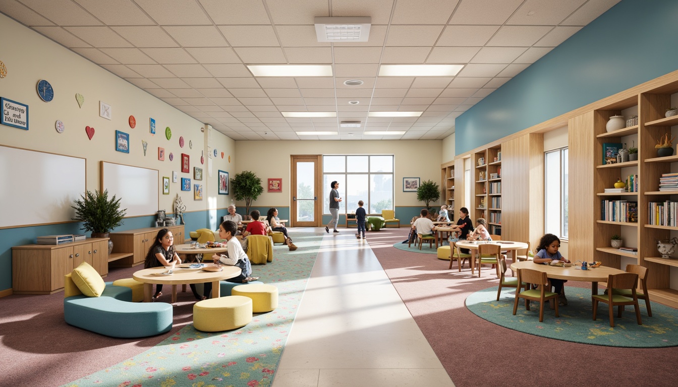 Prompt: Vibrant elementary school interior, flexible seating arrangements, modular furniture, colorful rugs, collaborative learning spaces, interactive whiteboards, natural light pouring in, minimal corridor clutter, open-concept classrooms, breakout areas for group work, ergonomic chairs, wooden tables, soft pastel colors, whimsical artwork, playful textures, creative storage solutions, ample legroom, comfortable reading nooks, acoustic panels, warm lighting ambiance, 1/2 composition, shallow depth of field, realistic materials.