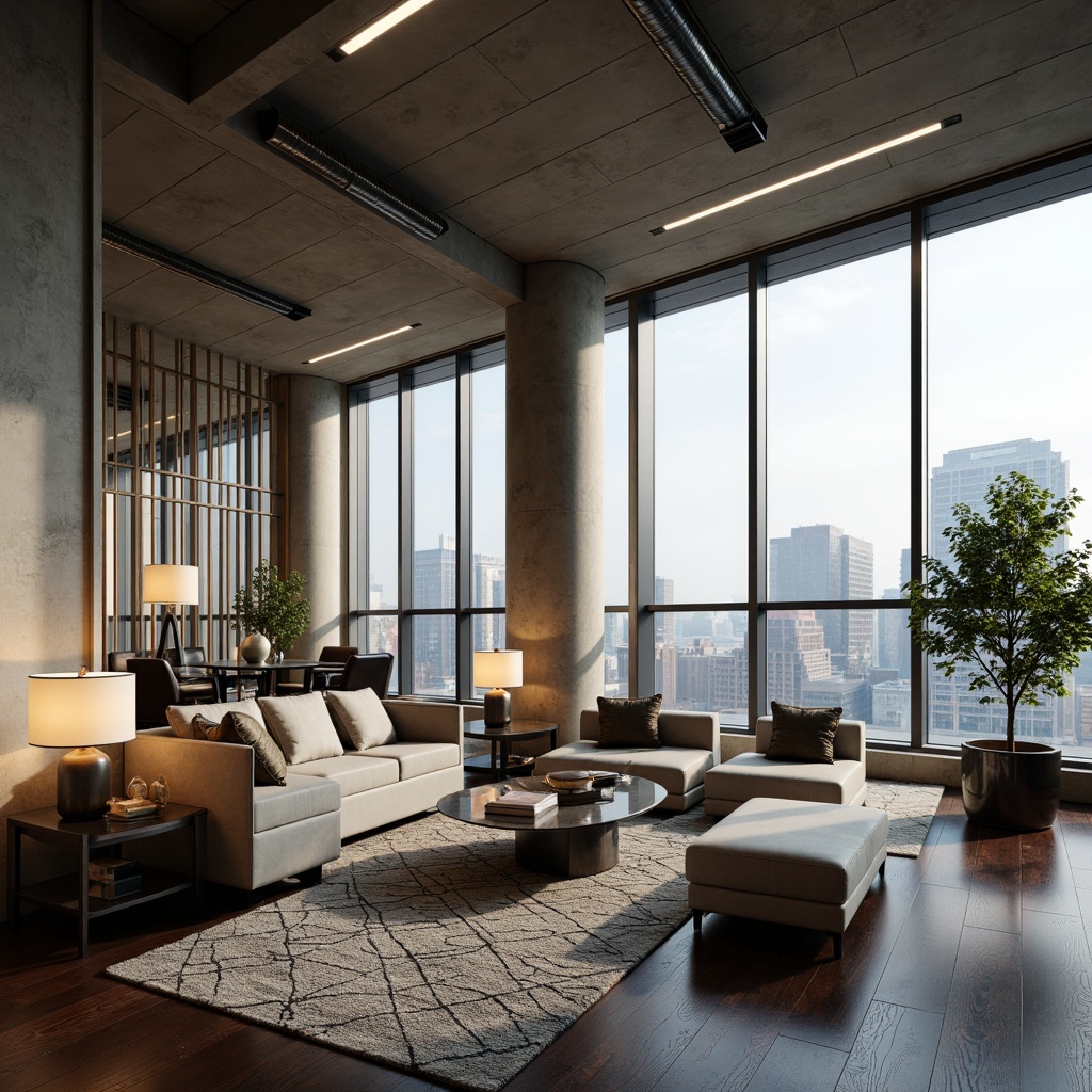 Prompt: Modern living room, sleek furniture, polished metal accents, floor-to-ceiling windows, urban cityscape views, soft warm glow, table lamps, pendant lights, recessed lighting, hidden LED strips, minimalist decor, neutral color palette, textured rugs, geometric patterns, low-profile sofas, industrial-chic coffee tables, metallic vases, greenery accents, natural stone walls, exposed ductwork, concrete floors, high ceilings, dramatic vertical lines, 1/1 composition, shallow depth of field, realistic textures.