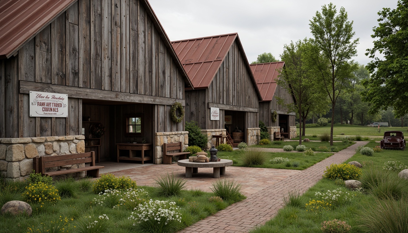 Prompt: Weathered wooden barns, rusty metal roofs, vintage farm tools, lush green pastures, wildflowers, natural stone walls, reclaimed wood accents, earthy color palette, distressed textures, soft warm lighting, shallow depth of field, 1/2 composition, rustic signage, antique furniture, woven textiles, brick pathways, overcast sky, serene atmosphere, realistic wear and tear, ambient occlusion.