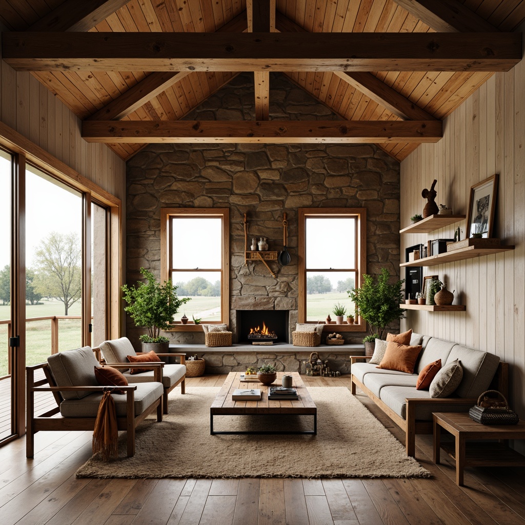 Prompt: Rustic farmhouse, exposed wooden beams, natural stone walls, vintage farm tools, distressed wood furniture, earthy color palette, soft warm lighting, large windows, sliding barn doors, open-plan living area, cozy reading nooks, plush throw blankets, woven baskets, potted plants, country-inspired decor, shiplap accents, reclaimed wood shelves, minimal ornamentation, airy atmosphere, 1/1 composition, soft focus, natural textures.