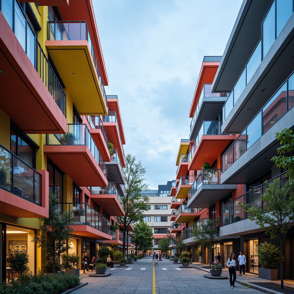 Prompt: Vibrant modern architecture, angular buildings, triangular roofs, circular columns, rectangular windows, hexagonal tiles, abstract geometric patterns, bold colorful accents, sleek metal frames, minimalist design aesthetic, urban cityscape, cloudy blue sky, soft warm lighting, shallow depth of field, 3/4 composition, realistic textures, ambient occlusion.