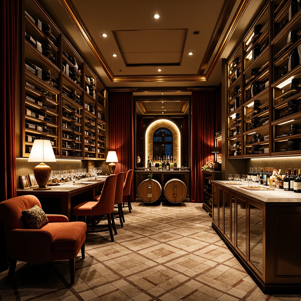 Prompt: Luxurious wine cellar, Art Deco style, curved metallic racks, polished chrome frames, rich wood accents, ambient warm lighting, dimmable floor lamps, ornate glass doors, geometric patterned flooring, sleek stainless steel countertops, wine glasses on display, vintage wine barrels, velvet drapes, intimate seating area, soft jazz music, 1/2 composition, shallow depth of field, cinematic lighting.