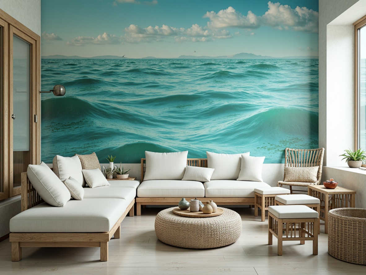 Prompt: Calming oceanic ambiance, soothing turquoise hues, undulating wave patterns, coral reef textures, driftwood furniture, sea glass accents, nautical rope details, sandy beige tones, ocean breeze-inspired lighting, shallow depth of field, 1/2 composition, symmetrical arrangement, soft focus effect, realistic reflections, subtle animations.