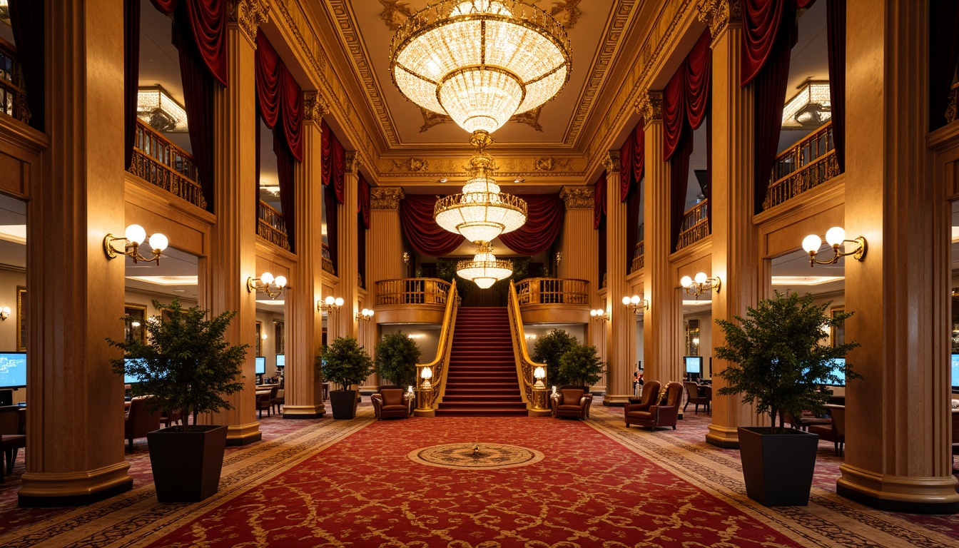 Prompt: Luxurious casino interior, opulent chandeliers, intricately patterned carpets, ornate gold accents, majestic columns, grand staircases, lavish foyers, rich velvet drapes, sparkling crystal fixtures, antique furnishings, neoclassical architecture, sophisticated color palette, warm golden lighting, shallow depth of field, 1/2 composition, dramatic shadows, high-contrast textures, subtle ambient occlusion.