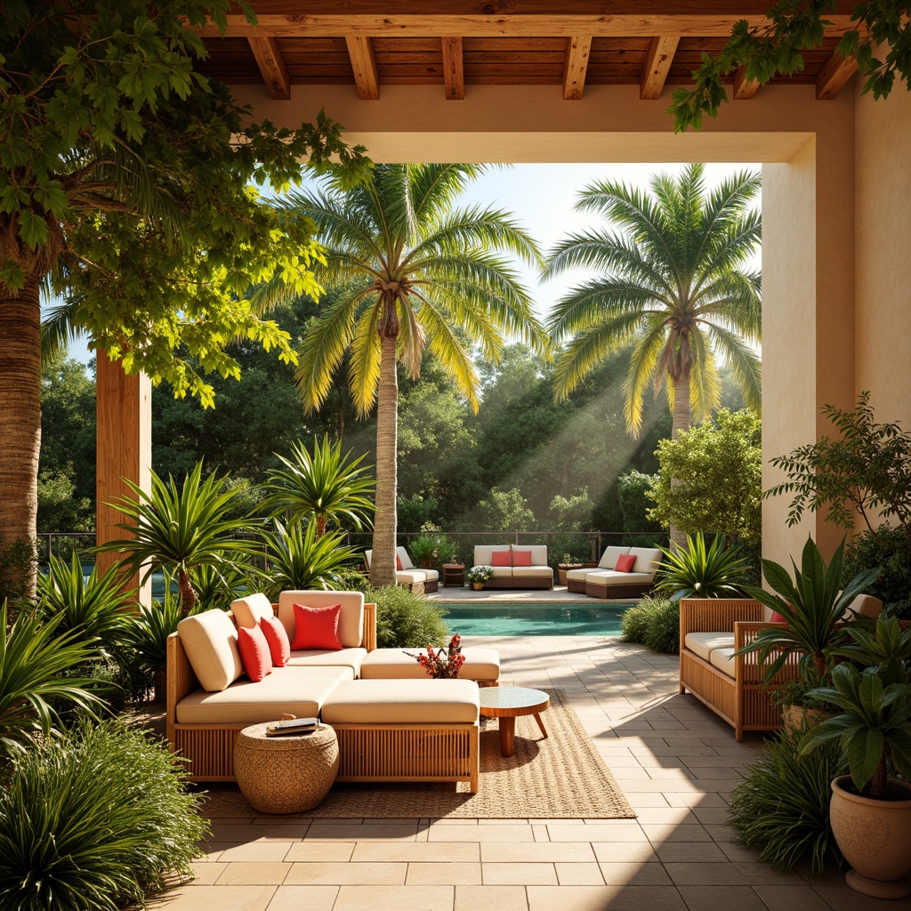 Prompt: Vibrant tropical interior, lush greenery, exotic palm trees, bright floral arrangements, warm beige walls, rich wood accents, rattan furniture, natural textiles, bold coral hues, soft mint tones, creamy whites, sunny yellow highlights, golden lighting, shallow depth of field, 1/1 composition, panoramic view, realistic textures, ambient occlusion.