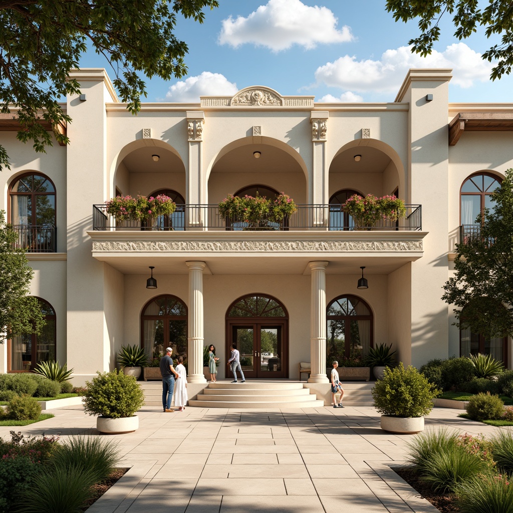 Prompt: Majestic community center, Corinthian columns, grand entrance, ornate arches, symmetrical facade, cream-colored stone walls, elegant balconies, intricately carved wooden doors, vibrant flower arrangements, lush greenery, sunny day, soft warm lighting, shallow depth of field, 3/4 composition, panoramic view, realistic textures, ambient occlusion.