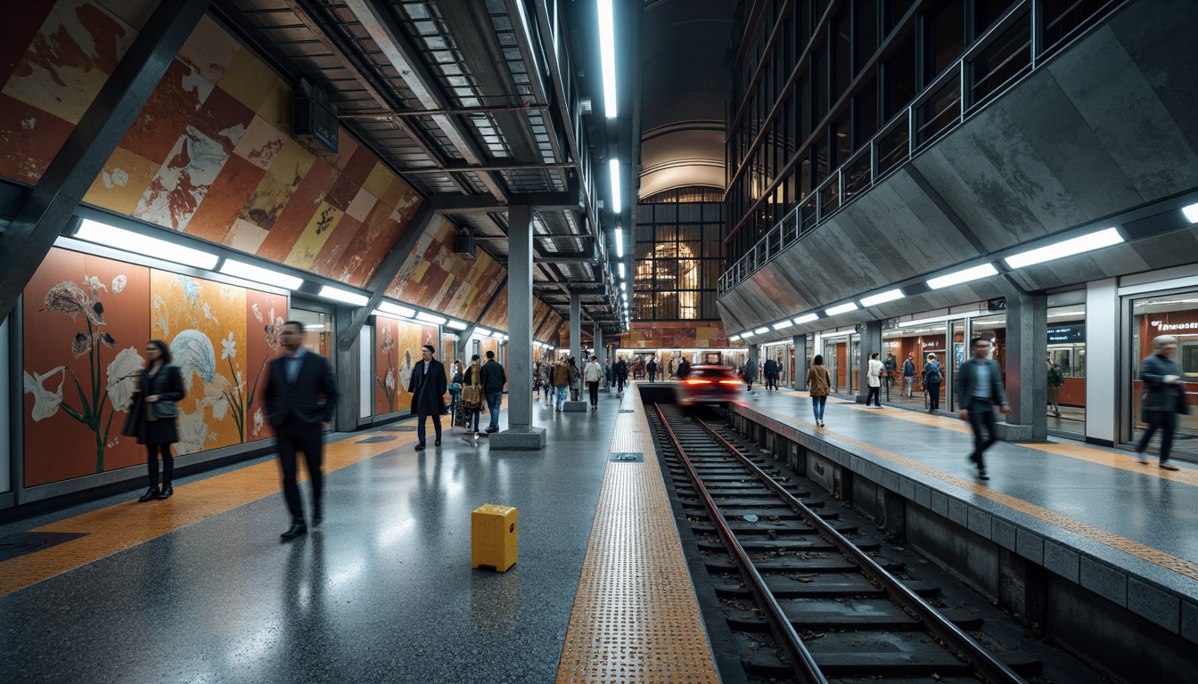 Prompt: Glossy subway platforms, modern metro architecture, sleek concrete walls, stainless steel handrails, vibrant LED lighting, busy commuter atmosphere, rush hour crowds, urban cityscape, durable epoxy resin flooring, aesthetic terrazzo patterns, high-traffic areas, commercial-grade materials, slip-resistant surfaces, easy maintenance design, integrated public art installations, dynamic ambient lighting, shallow depth of field, 1/2 composition, realistic reflections, detailed normal maps.