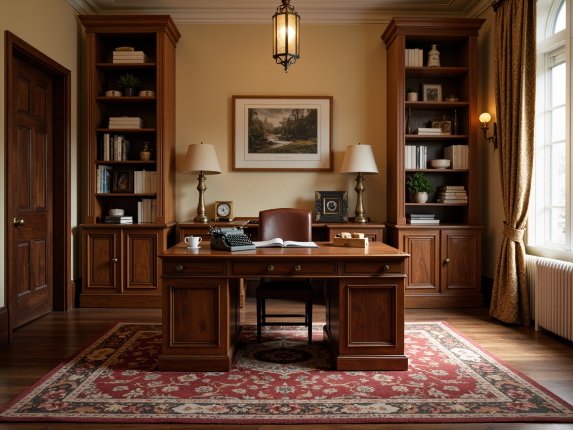 Prompt: Rich wooden desk, leather office chair, vintage typewriter, ornate bookshelves, classic lamp, antique clock, luxurious rug, warm beige walls, traditional framed artwork, elegant curtains, subtle natural light, soft warm colors, refined minimal ornamentation, subtle wood grain texture, shallow depth of field, 1/1 composition, realistic rendering, ambient occlusion.