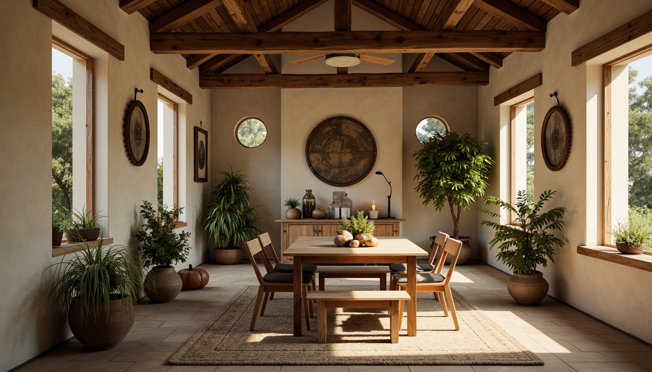 Prompt: Rustic farmhouse, earthy tones, warm beige walls, distressed wood accents, vintage metal decor, soft cream trim, muted greenery, natural stone floors, exposed wooden beams, cozy candlelight, warm golden lighting, shallow depth of field, 1/1 composition, realistic textures, ambient occlusion.