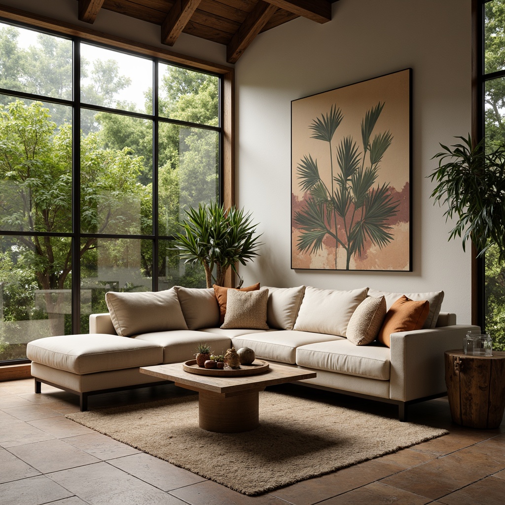 Prompt: Cozy living room, plush sectional sofa, soft velvety texture, warm beige upholstery, wooden coffee table, minimalist metal legs, rustic wooden accents, natural stone flooring, earthy color palette, abundant greenery, floor-to-ceiling windows, soft diffused lighting, 1/1 composition, intimate atmosphere, realistic fabric textures, ambient occlusion.