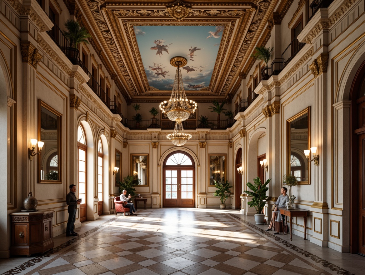 Prompt: \Grand neoclassical great room, high ceilings, ornate moldings, crystal chandeliers, intricate plasterwork, frescoed ceiling murals, decorative medallions, gilded accents, rich wood paneling, marble flooring, majestic columns, arched windows, soft warm lighting, 1/1 composition, shallow depth of field, realistic textures, ambient occlusion.\