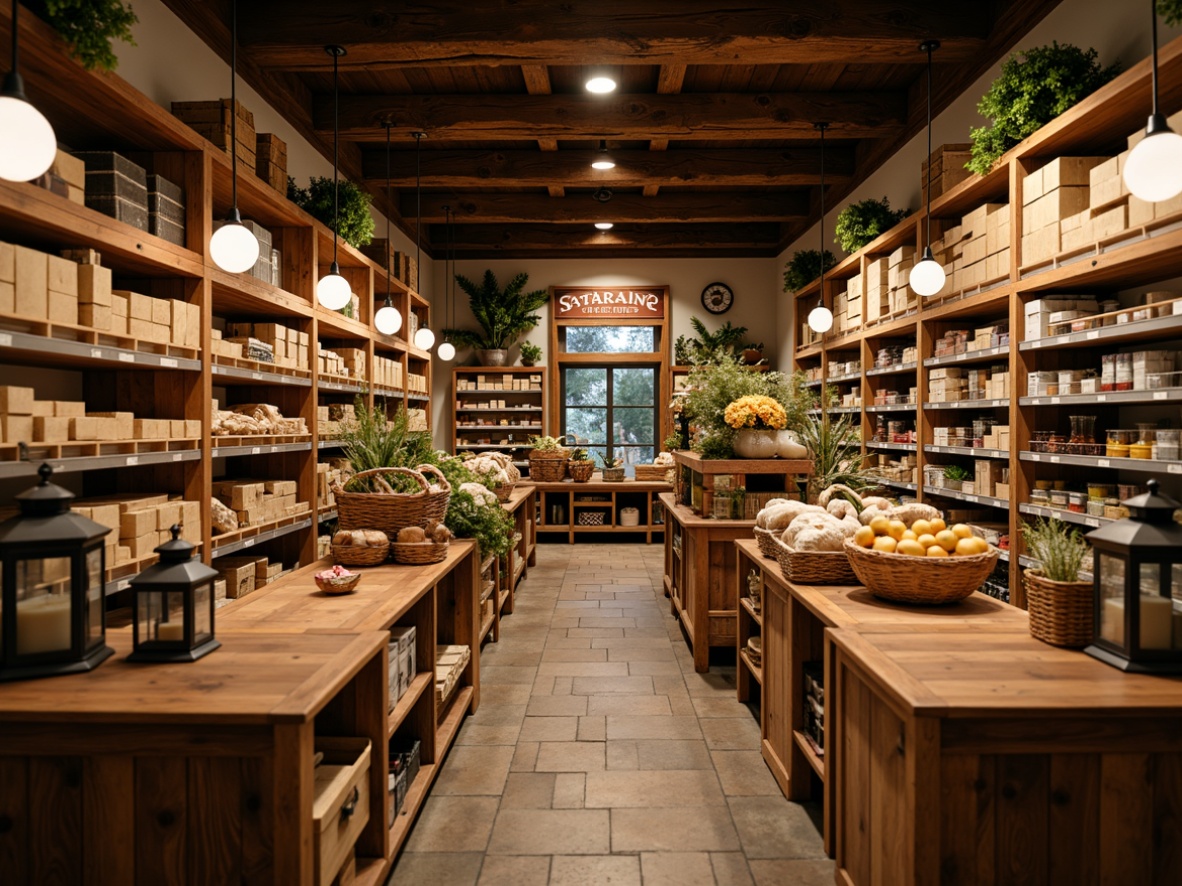 Prompt: Warm and inviting traditional grocery store, rustic wooden shelves, vintage metal lanterns, warm white lighting, soft ambient glow, cozy aisle layout, natural stone flooring, earthy color palette, warm beige walls, decorative ceramic tiles, rustic wood accents, classic signage, ornate metal fixtures, soft overhead lighting, 1/2 composition, shallow depth of field, realistic textures, ambient occlusion.