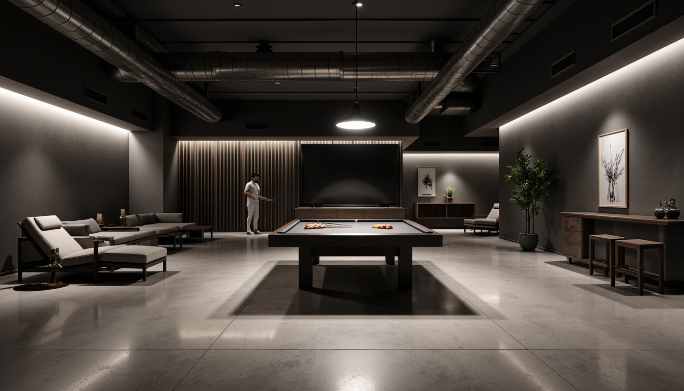 Prompt: Minimalist game room, polished concrete floor, industrial chic aesthetic, exposed ductwork, sleek LED lighting, modern low-profile furniture, minimalist decor, bold accent walls, monochromatic color scheme, smooth matte finish, seamless transitions, atmospheric shadows, cinematic ambiance, 1/1 composition, dramatic focal point, high-contrast textures.