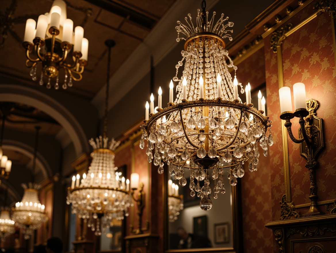 Prompt: Ornate crystal chandeliers, gilded metal sconces, delicate ceramic lanterns, intricate bronze fixtures, lavish silk shades, ornamental mirrors, opulent velvet drapes, luxurious golden accents, refined Baroque patterns, soft warm glow, subtle color temperature, dramatic high contrast, 1/1 composition, shallow depth of field, realistic textures, ambient occlusion.