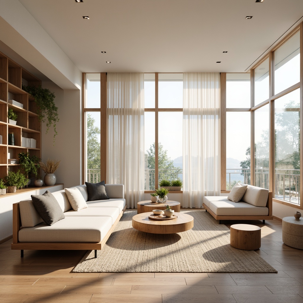 Prompt: Light-filled living room, minimalist decor, natural wood accents, sleek sofas, low-profile coffee tables, woven textiles, geometric-patterned rugs, floor-to-ceiling windows, sheer white curtains, modern Nordic-inspired furniture, simplicity-driven design, airy open space, soft warm lighting, shallow depth of field, 1/1 composition, realistic textures, ambient occlusion, cozy reading nook, built-in shelving units, functional storage solutions.