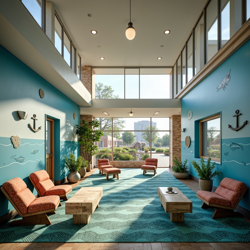 Prompt: Coastal-themed community center, ocean-blue walls, wavy patterned flooring, coral-inspired furniture, nautical rope decorations, anchor-shaped accents, fish-scale textures, seaweed-green carpets, driftwood benches, marine-life murals, sunny day lighting, soft warm glow, shallow depth of field, 1/1 composition, panoramic view, realistic reflections, ambient occlusion.