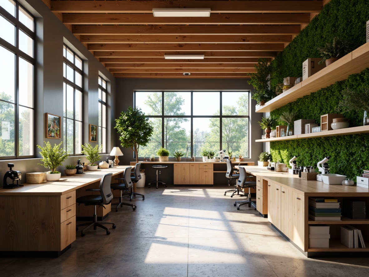 Prompt: Modern laboratory, academic style interior, wooden workstations, ergonomic chairs, stainless steel countertops, fume hoods, microscopes, lab equipment, natural stone floors, earthy color scheme, ample natural light, soft overhead lighting, 1/1 composition, shallow depth of field, realistic textures, ambient occlusion, botanical elements, green walls, minimal ornamentation, functional decor.