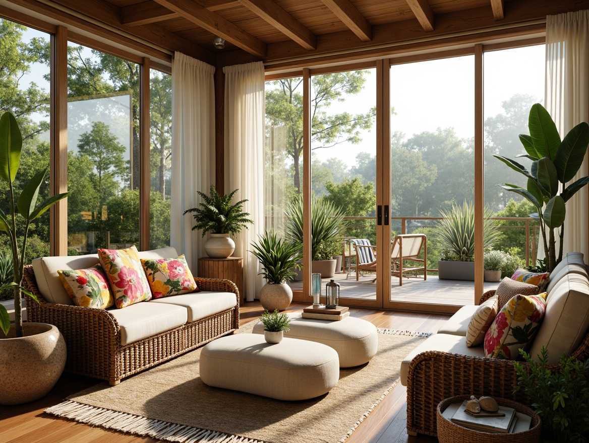 Prompt: Cozy sunroom, lush greenery, natural wood accents, plush furnishings, warm earthy tones, woven textiles, rattan furniture, botanical prints, vibrant colorful throw pillows, soft diffused lighting, sheer curtains, sliding glass doors, panoramic views, nature-inspired decor, organic shapes, minimal ornamentation, tranquil ambiance, calming atmosphere, soft pastel hues, distressed wood finishes, eclectic decorative accents.