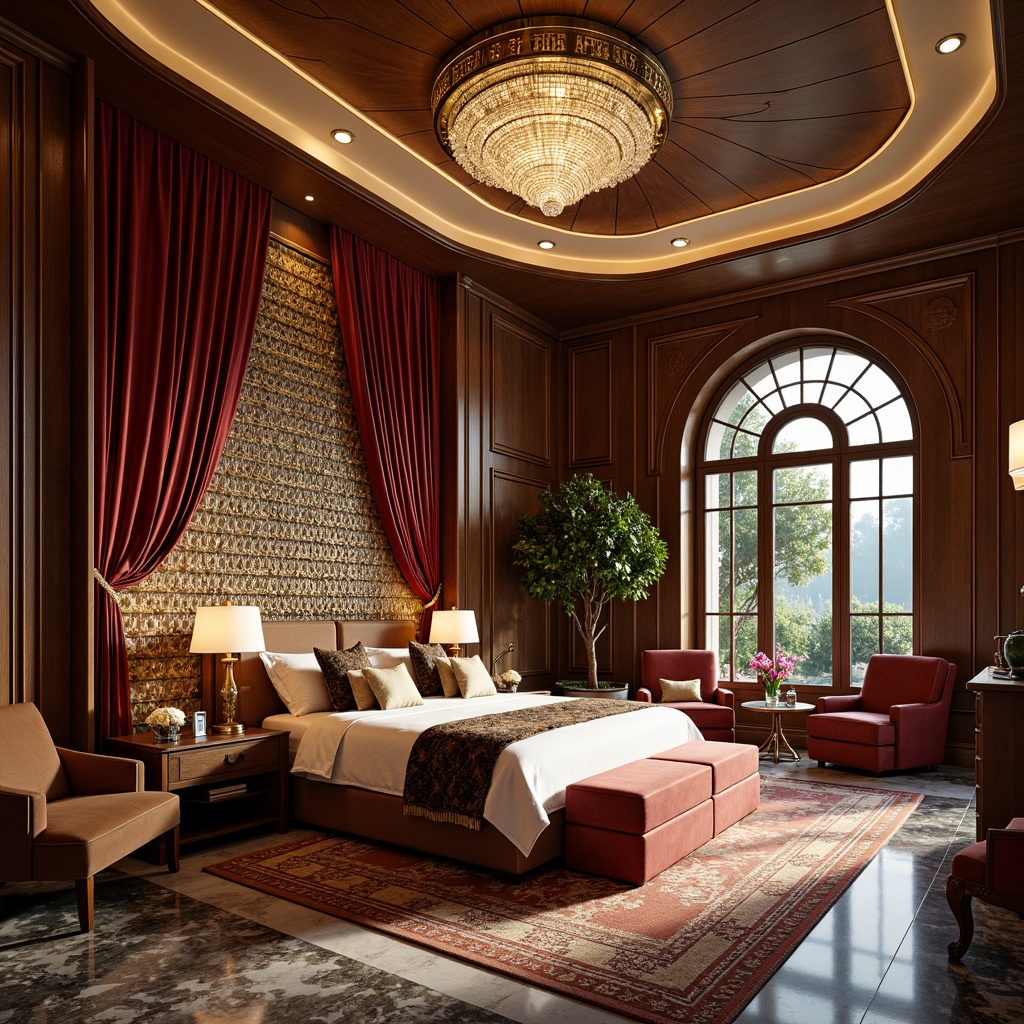 Prompt: Luxurious Art Deco bedroom, ornate metalwork, geometric patterns, velvet drapes, crystal chandeliers, marble floors, rich wood tones, bold color schemes, metallic accents, opulent furnishings, curved lines, sunburst motifs, lavish textiles, sophisticated ambiance, warm golden lighting, shallow depth of field, 1/1 composition, symmetrical framing.