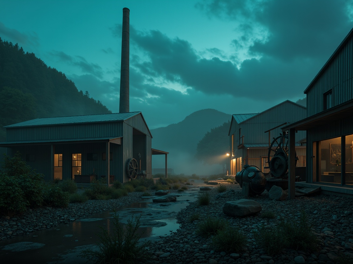 Prompt: Moody dark cyan, mysterious twilight atmosphere, ominous stormy skies, rugged rocky terrain, misty foggy mornings, eerie abandoned factories, industrial metal structures, worn distressed wood textures, vintage nautical instruments, mysterious ancient artifacts, subtle gradient overlays, cinematic depth of field, 1/2 composition, warm golden lighting, soft focus effects.