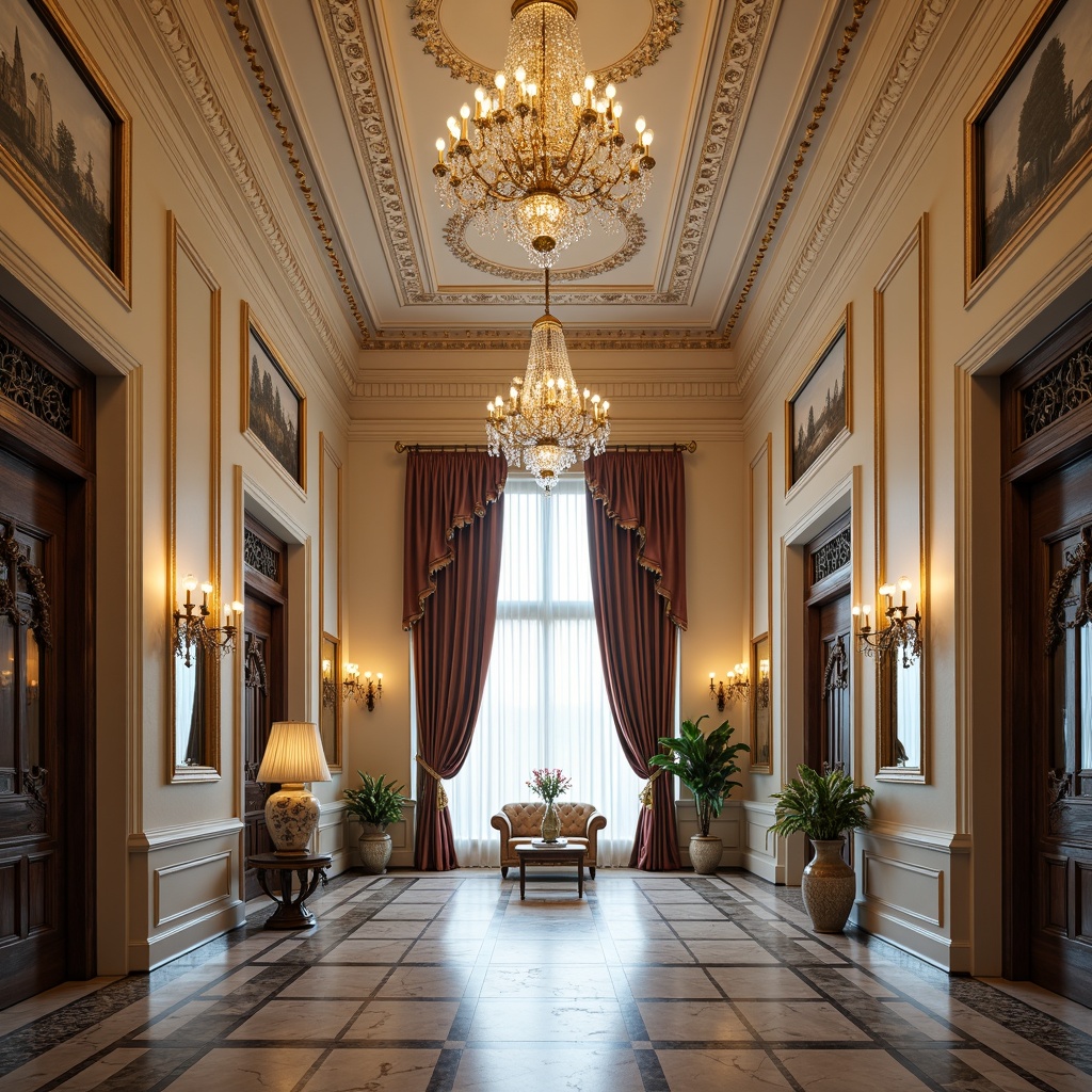 Prompt: Luxurious great room, high ceilings, ornate moldings, crystal chandeliers, marble floors, rich wood paneling, velvet drapes, gilded frames, neoclassical architecture, soft warm lighting, creamy whites, muted golds, dusty blues, earthy reds, subtle greens, intricate patterns, ornate details, opulent fabrics, regal atmosphere, elegant furnishings, refined textures, shallow depth of field, 1/1 composition, realistic reflections, ambient occlusion.