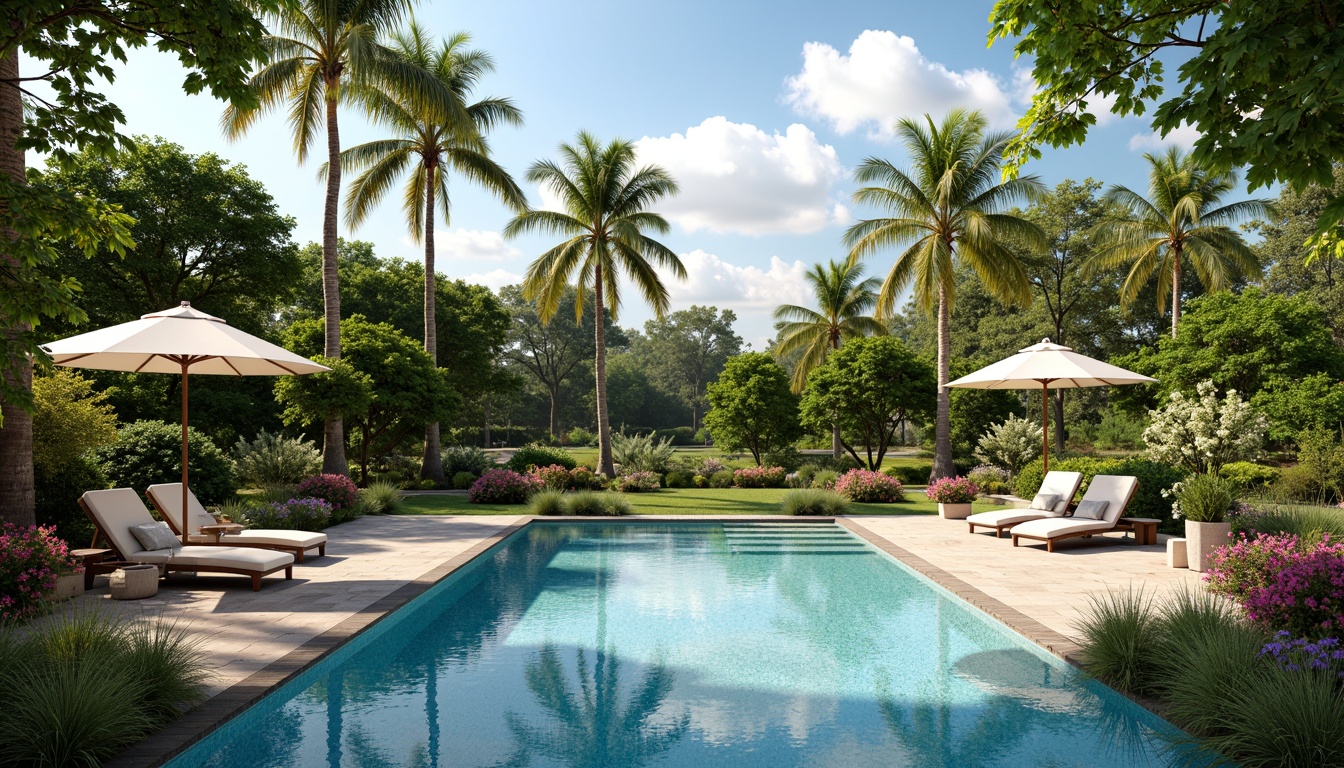 Prompt: Luxurious pool area, lush greenery, vibrant flowers, natural stone decking, modern outdoor furniture, comfortable lounge chairs, umbrellas, cantilevered shade structures, tranquil water features, soft warm lighting, shallow depth of field, 3/4 composition, panoramic view, realistic textures, ambient occlusion.