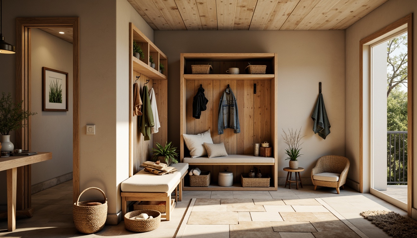 Prompt: Cozy mudroom, warm beige tones, natural stone flooring, rustic wood accents, woven baskets, plush area rugs, functional storage benches, industrial metal hooks, earthy color palette, soft ambient lighting, table lamps, floor lamps, pendant lights, warm white illumination, 1/1 composition, shallow depth of field, realistic textures, subtle shadows.