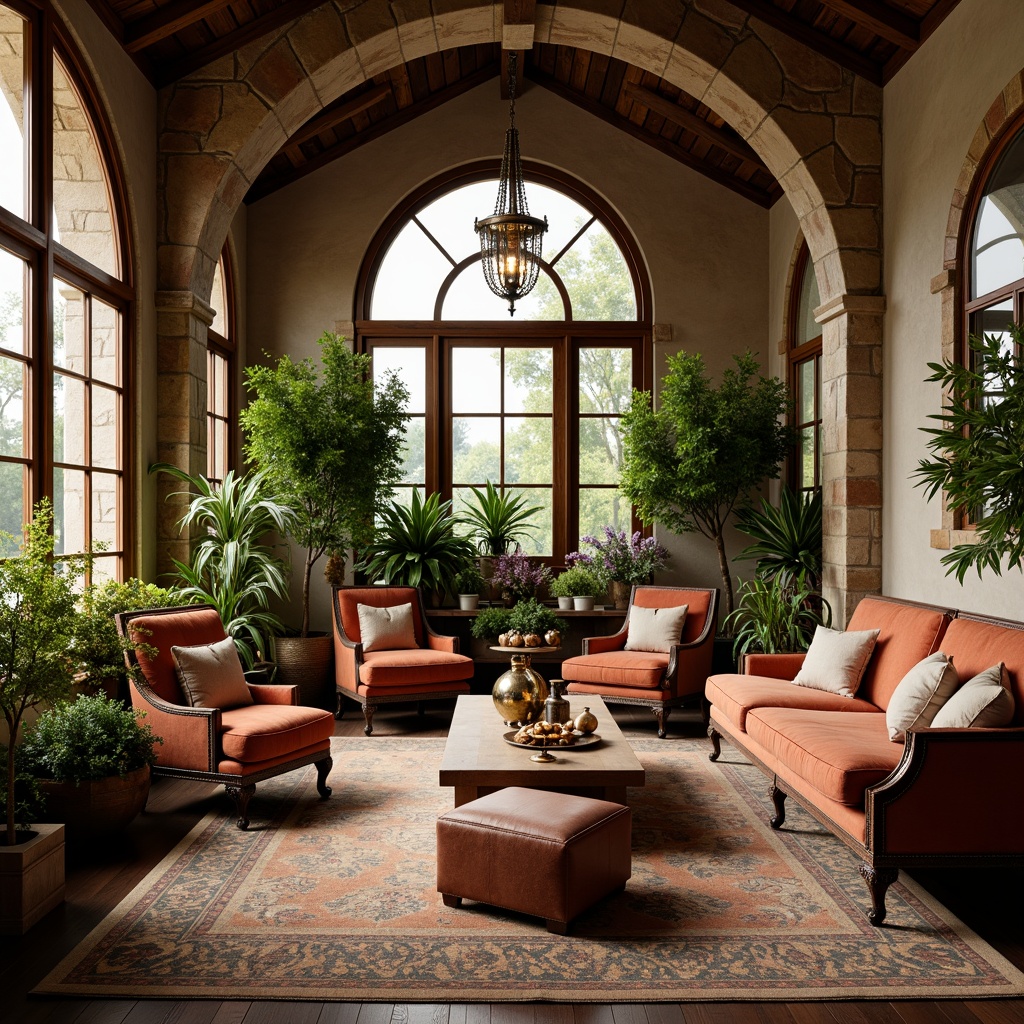 Prompt: Renaissance-style sunroom, warm natural light, lush greenery, ornate wooden furniture, plush velvet sofas, intricately carved armchairs, antique bronze accents, rich leather ottomans, elegant crystal chandeliers, rustic stone walls, vaulted ceilings, large windows, soft diffused lighting, 1/1 composition, symmetrical arrangement, warm earthy tones, vintage decorative patterns, distressed wood textures, natural fiber rugs, ambient occlusion.